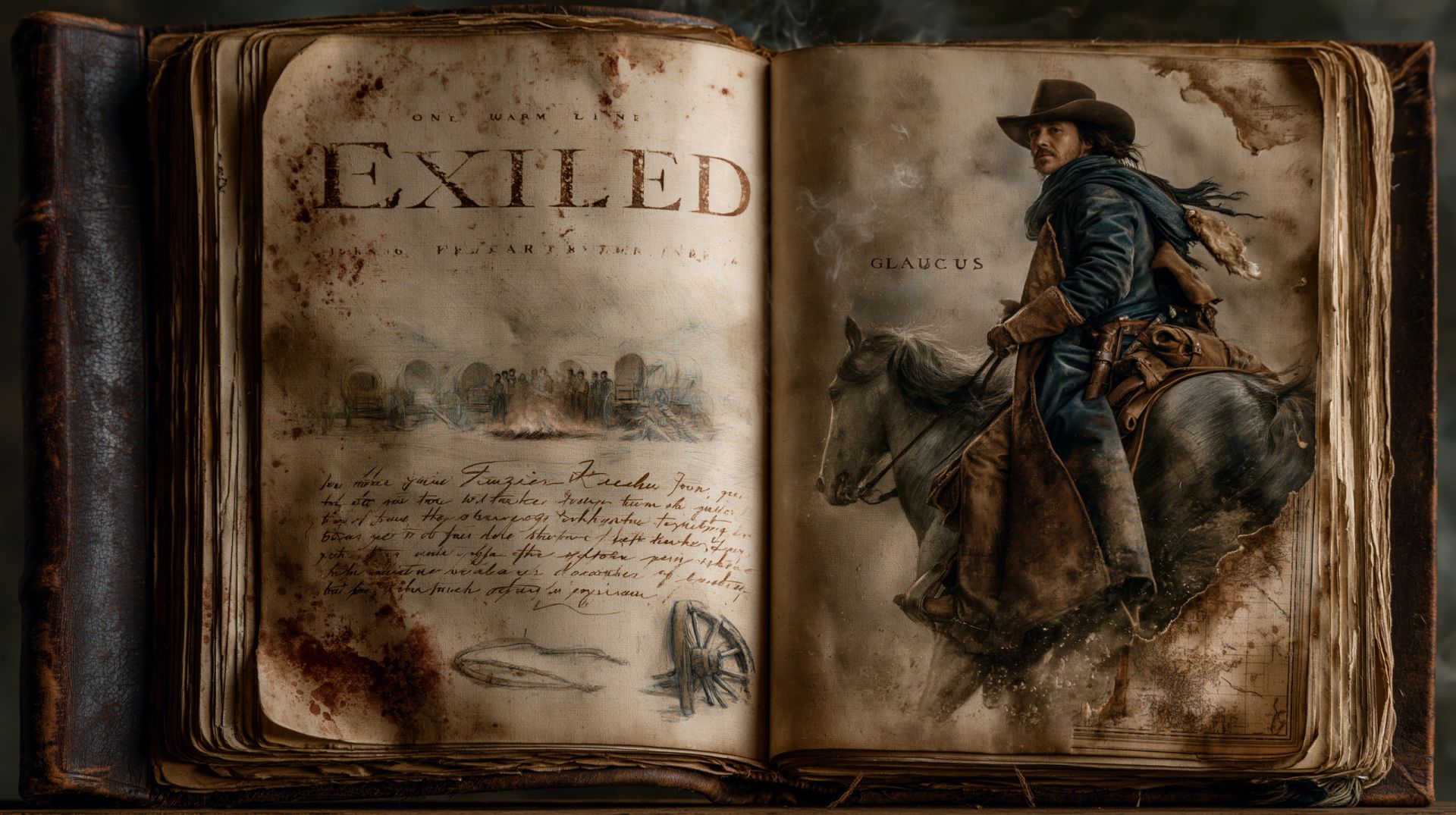 An illustrated trail journal open to Exiled, with a rider and handwritten pages