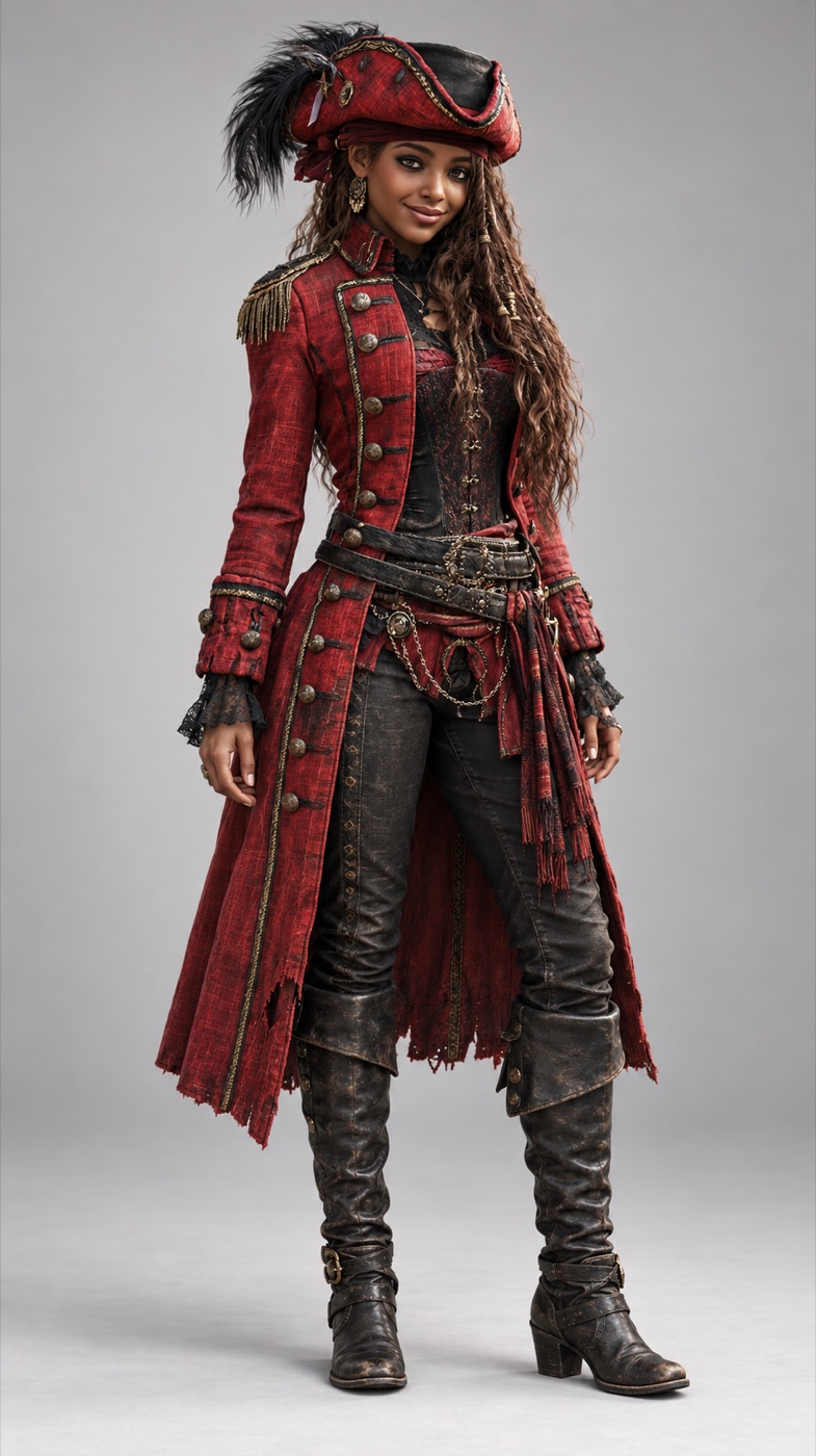 Mira Vane character concept: an Afro-Caribbean captain in a crimson coat and feathered hat